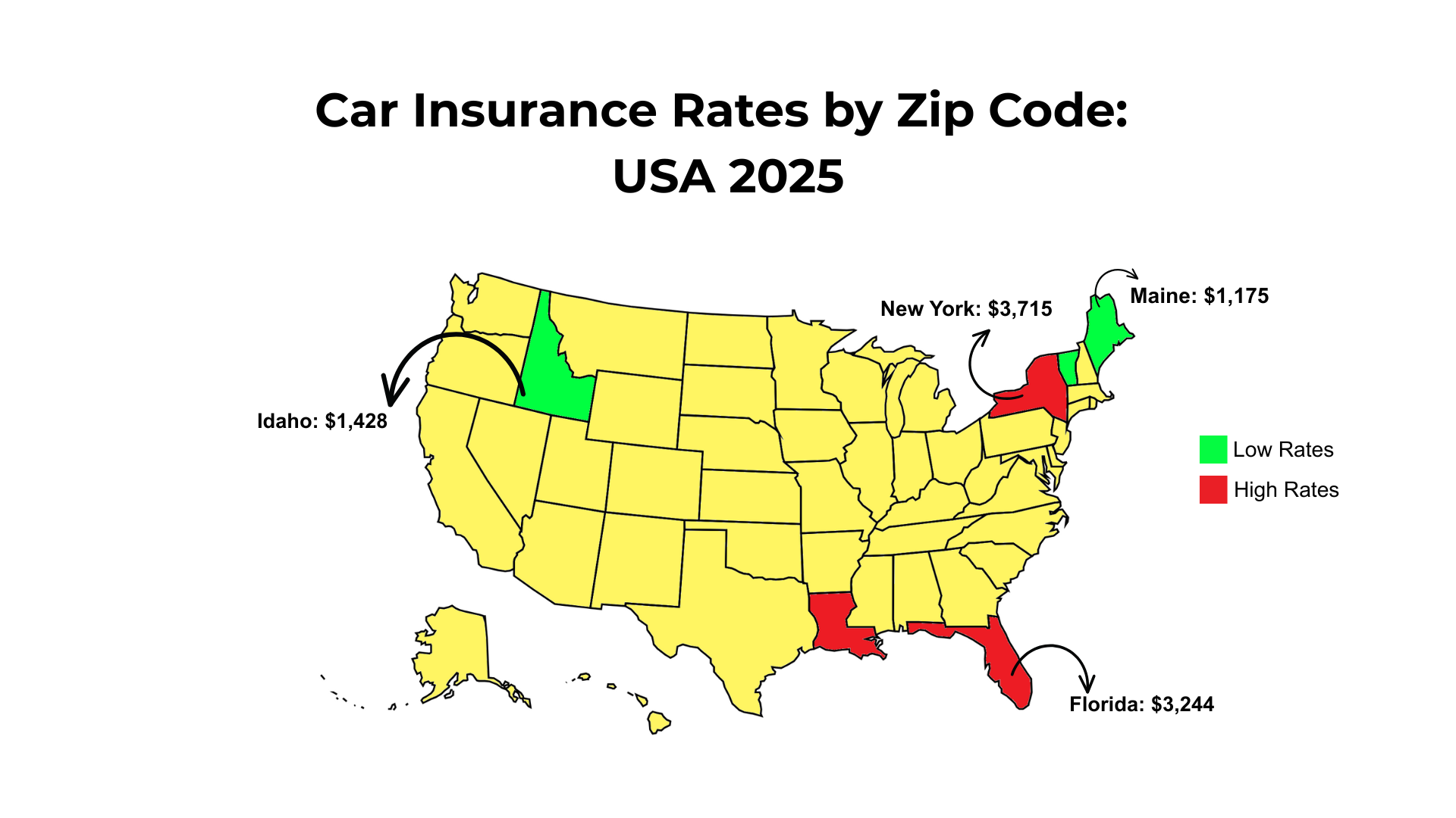 Map of car insurance rates by zip code in USA 2025 showing cheapest and expensive states.